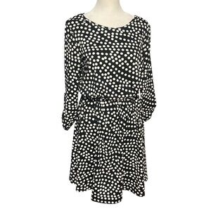French Grey Polka Dot Dress Size M Black White Elastic Waist Stretch Teacher Fun